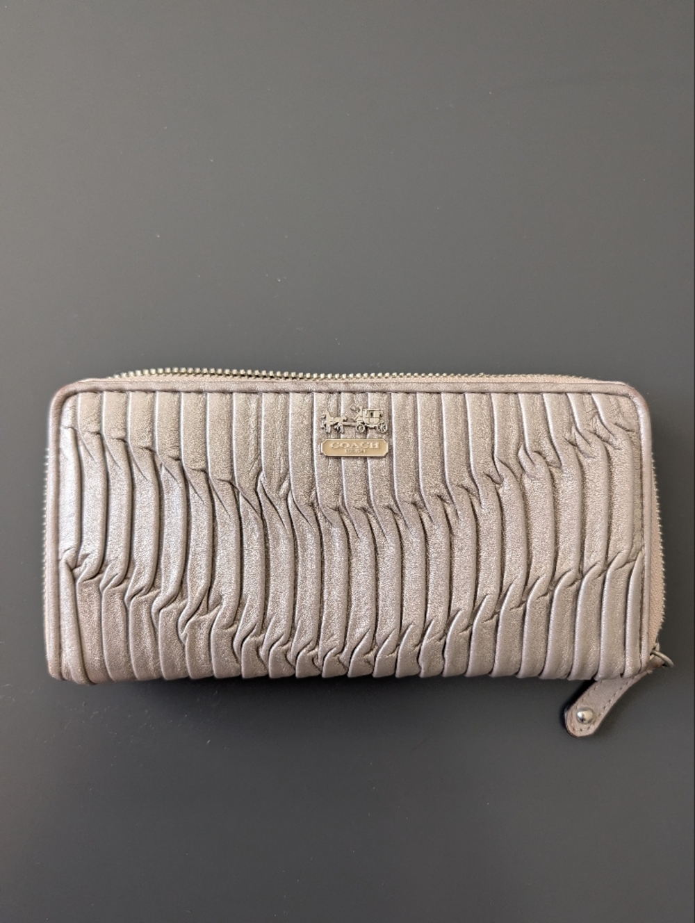 Coach Metallic Taupe Pleated Zip Wallet